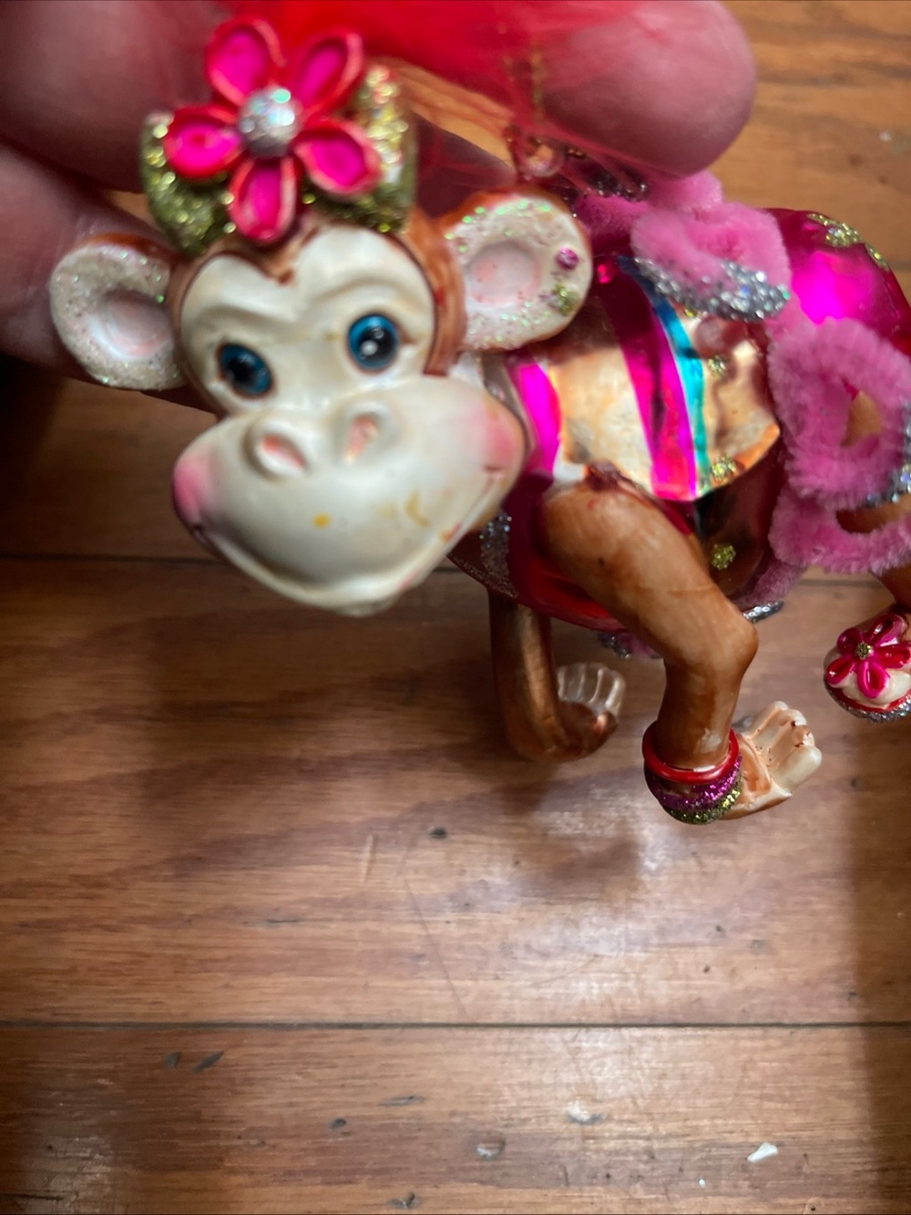 Robert Stanley Monkey Girl in Pink Tutu Blown Glass Christmas Tree Ornament
